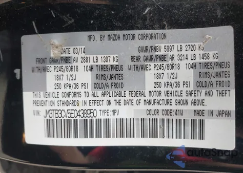 2014 Mazda Cx-9 Touring из США, поврежденный, VIN JM3TB3CV5E0438950